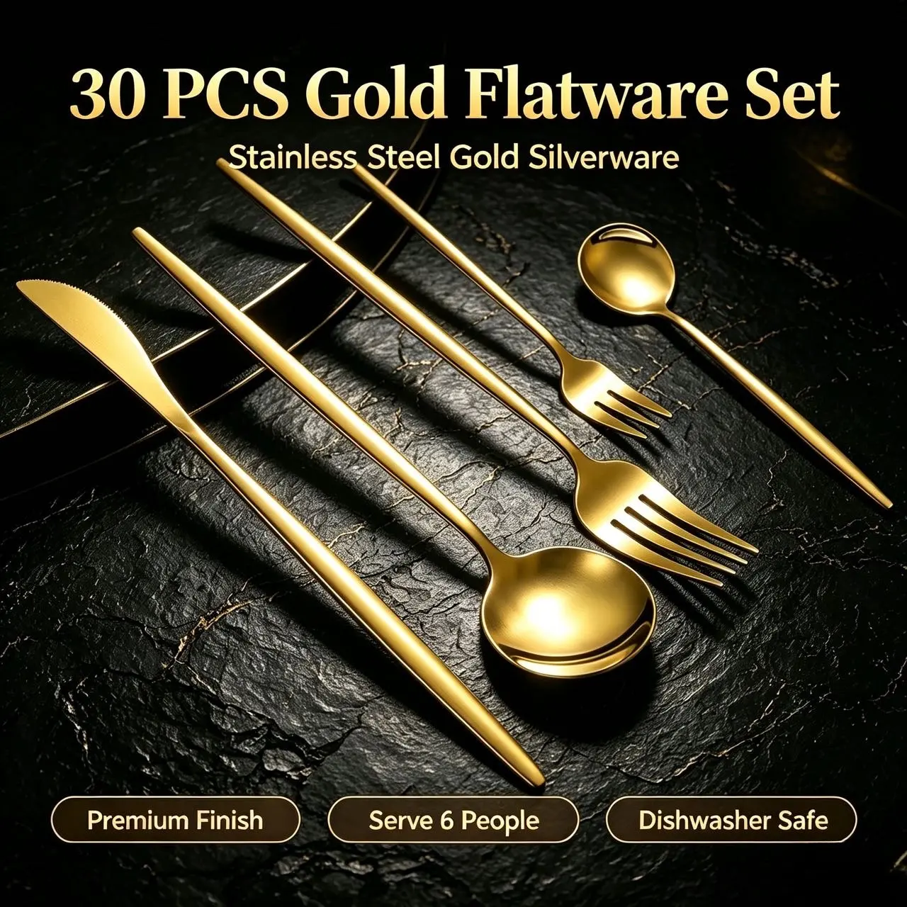 30-Piece Gold-Toned Mirror-Polished Stainless Steel Cutlery Set - Spoon-Included Tableware Kit with Rounded Curves, Smooth Finish, Reusable, Dishwasher Safe, Portable, Elegant, Corrosion-Resistant for Family Formal Dinners, Western Wedding Events