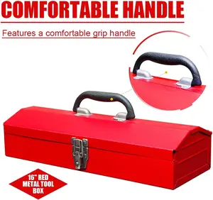 Portable Steel Tool Box with Metal Latches - 16" Portable Hip Roof Design for Car, Truck, Tractor & Home Use (Red)