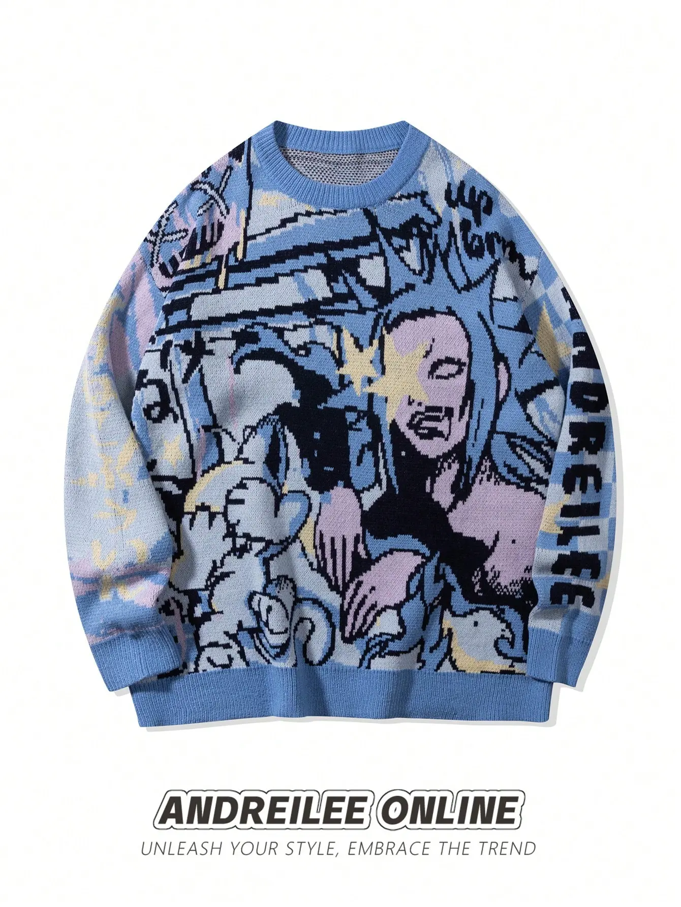 Unisex Cartoon Character Cute Doll & Letter Gradient Print Loose Fit Crewneck Casual Knit Sweater, For Spring, Autumn & Winter Classic Fabric
