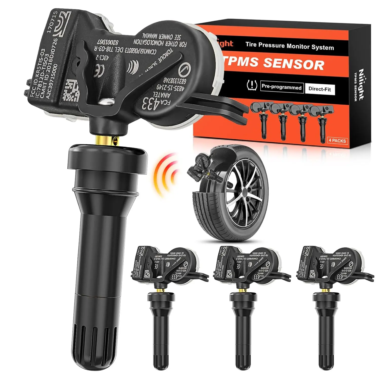 Nilight 4 Car Tire Sensors - 433Mhz Signal, OEM Specs, Pressure Alert, Advanced Chips, Tread Act, Compatible with 2015-2021 Chrysler 200/Pacifica, 2016-2021 Jeep Grand Cherokee/Dodge Durango, Fiat 500X Automotive Parts, Car Tire Sensor, Direct-Fit, Pre-Pr