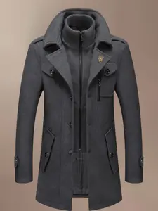 Men's Fashion Double Collar Mixed Fiber Long Coat, Zipper and Pocket Design, Warm and Durable, Suitable for Business or Casual Autumn/Winter, Casual Jacket Coat, Plain Jacket