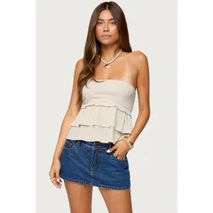 Linen Look Strapless Peplum Top