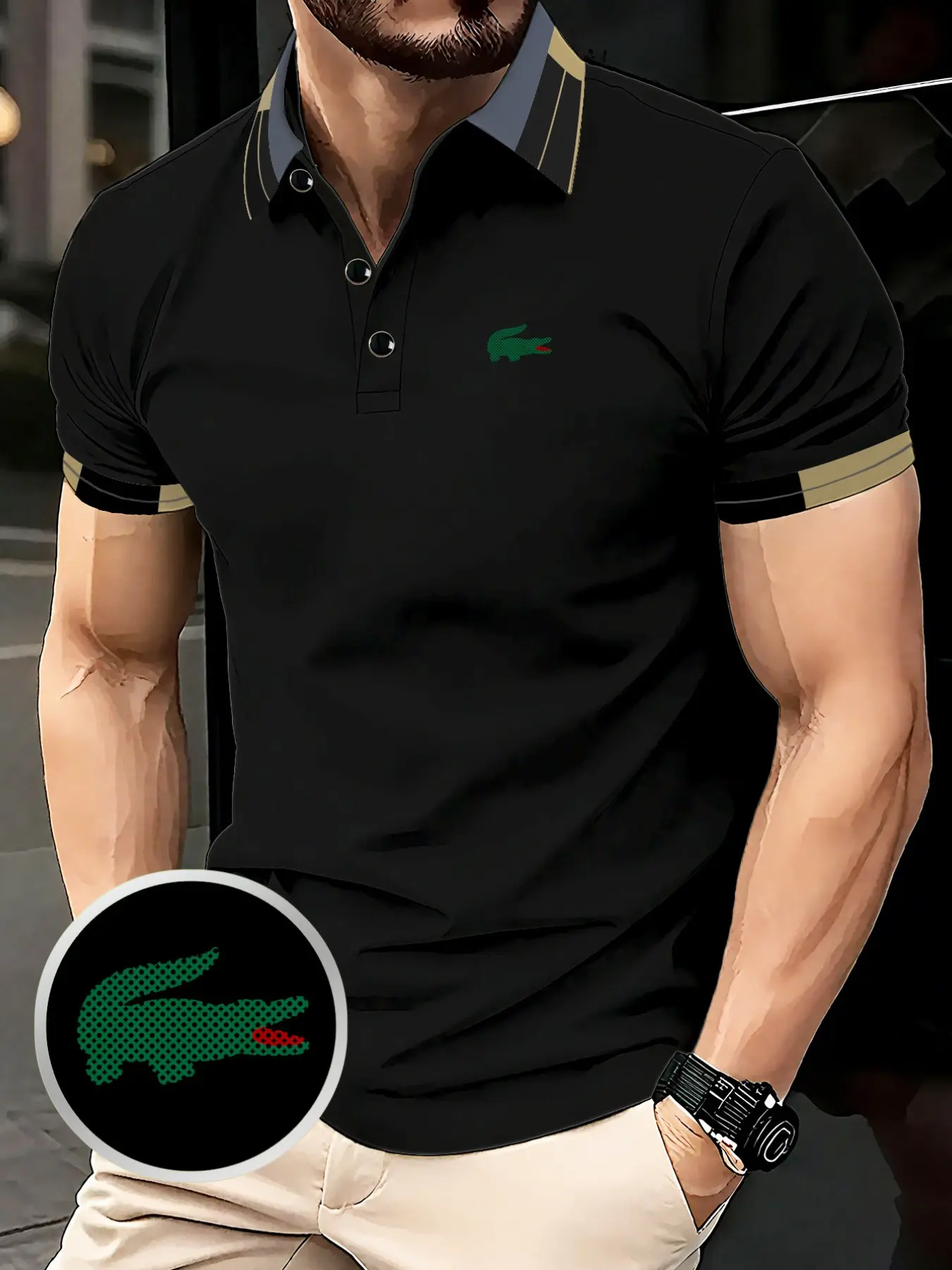 Men's Crocodile Print Polo Shirt, Elastic Casual Breathable Fitted Top, Comfortable All-Season High-Quality Polo, Hh3407, Printed Polo Tops