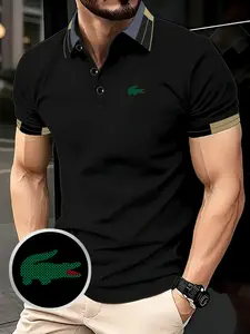 Men's Crocodile Print Polo Shirt, Elastic Casual Breathable Fitted Top, Comfortable All-Season High-Quality Polo, Hh3407