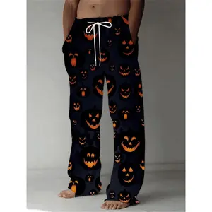 Men’s Halloween pumpkin print pajama pants — loose fit, straight leg, casual sleepwear with a drawstring waist. Also available as women’s pajamas.