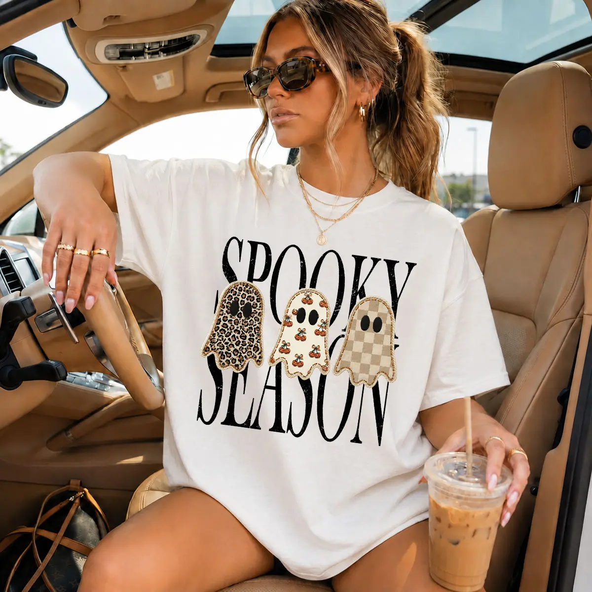 Spooky Season Ghost Sweatshirt for Women, Halloween Graphic Crewneck, Oversized Casual Long Sleeve Pullover, Fall Outfit Cotton Fabric