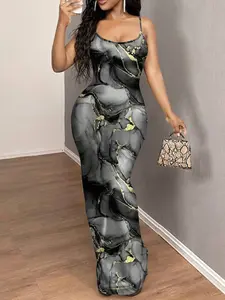 SHEIN SXY Sexy Casual Elegant Brown Bodyline Positioning Print Slip Dress, Maxi Length For Women Curve Hugging Maxi Dress Suitable For Going Out Chic Dress