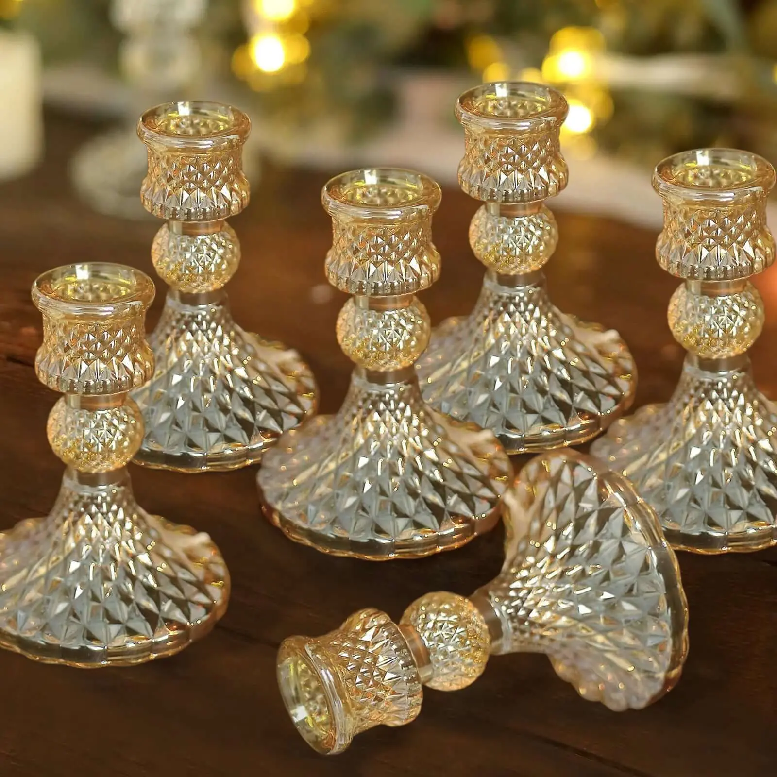 6-Pack Diamond Pattern Glass Taper Candlestick Holders - Amber Gold Reversible Crystal Look Conical Votive Stands, 4" Home Decor for Engagement, Table Decor, Window Display, Conical Candleholder