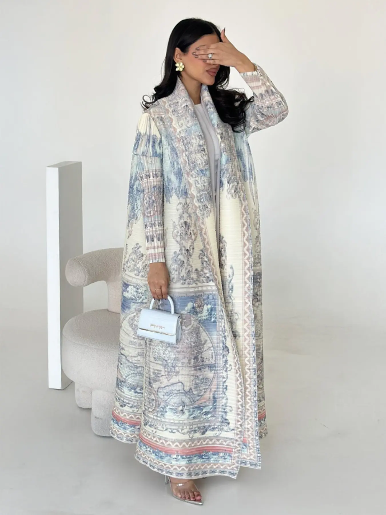 Muslim Women Loose Fit Autumn Winter Pleated Printed Robe Coat, For Muslim, All over Print, Casual Fashion, Long Sleeve, Fall & Winter Wear, Modest Muslim Outfits