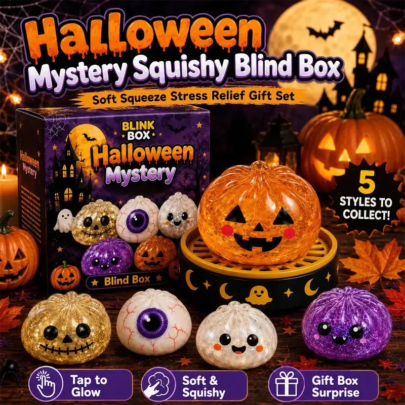 Halloween Mystery Squishy Blind Box 6pcs - 5cm Cute Soft Pumpkin Eyeball Ghost Fidget Toys for Kids & Adults