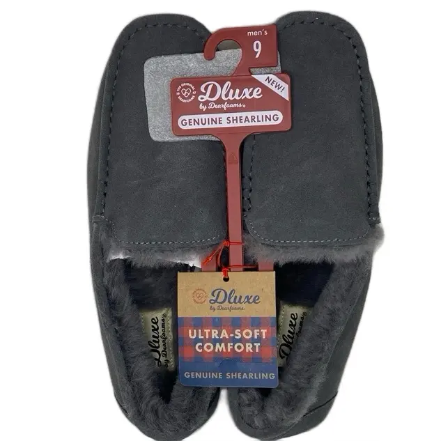 Dluxe by Dearfoams Men’s Genuine Shearling Slippers Gray Size 9