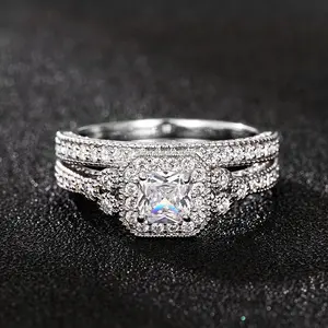 2Pcs Set Cubic Zirconia Wedding Rings for Women Luxury Princess CZ Silver Color Engagement Band Party Fashion Jewelry