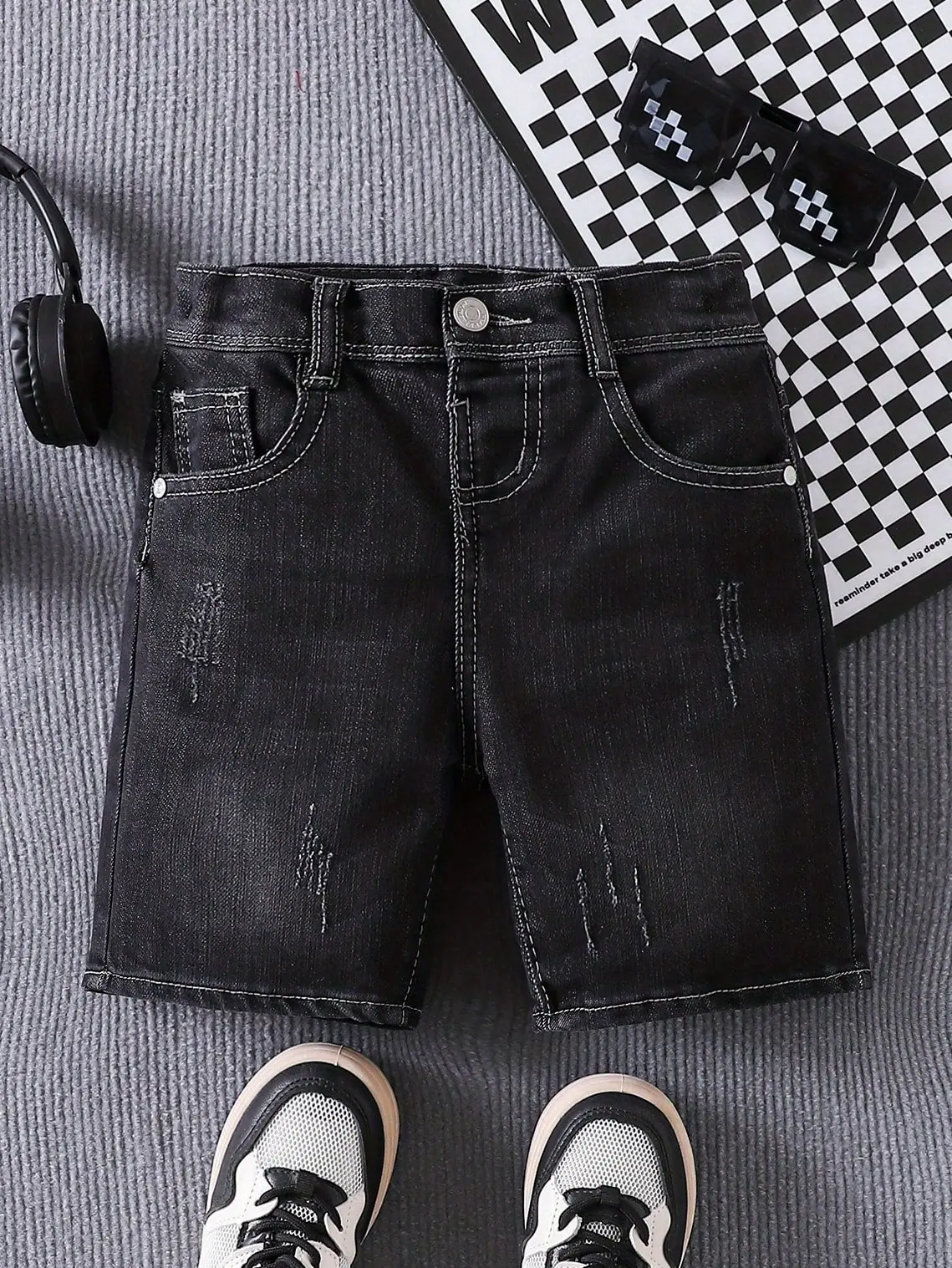 Boys' Plain Mid-Waist Ripped Cotton Denim Shorts - Casual Regular Fit Jeans, Slight-Stretch Fabric, Pockets, Short Length, Machine Washable, for Spring Summer Casual Wear, Sizes 2-3Y,3-4Y,4-5Y,6-7Y,7-8Y,8-9Y