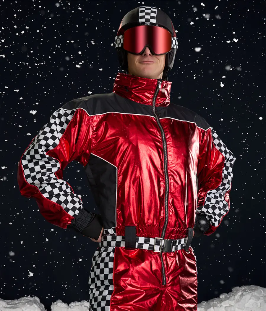 Men's Racing Ski Suit, Insulated & Waterproof Outdoor Sportswear in Metallic Red with Checkered Details, Vented, Helmet Cover Included, Checkered Panels, Skiing Jacket