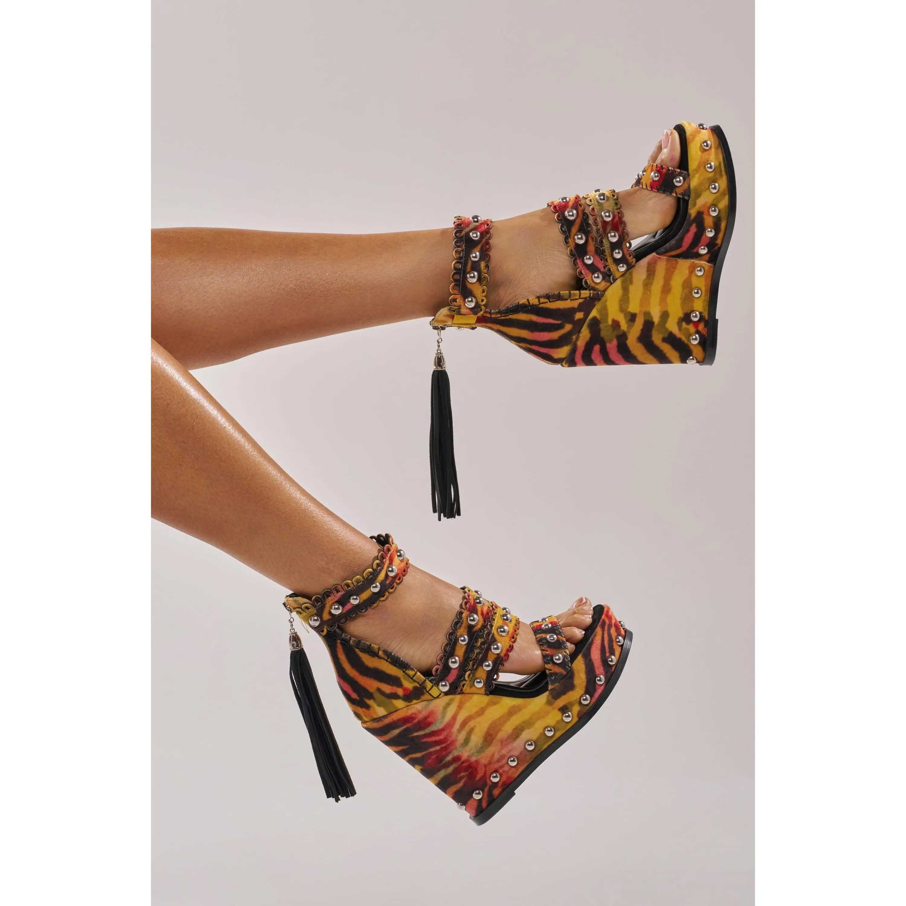 AKIRA GOLD ZANIA TIGER MULTI PRINT FRINGE EMBELLISHED WEDGE SANDAL AKIRA GOLD ZANIA TIGER MULTI PRINT FRINGE EMBELLISHED WEDGE SANDAL