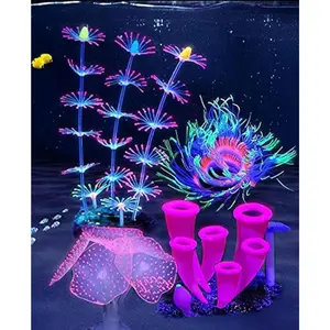4 count Aquarium Fish  Decorations with Glowing Effect,  Glow Artificial Ornament Coral Reef  for Aquarium Decoration Small and Large Fish Bowl Decor Accessories