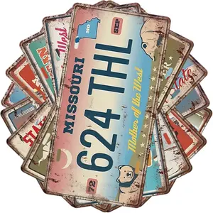 Vintage License Plate Tin Sign, 8 Counts/set Metal Poster Sign Plaque, Indoor & Outdoor Decoration for Home Decor, Room Decor, Garage Decor, Vintage Garage Signs, Yard Sign