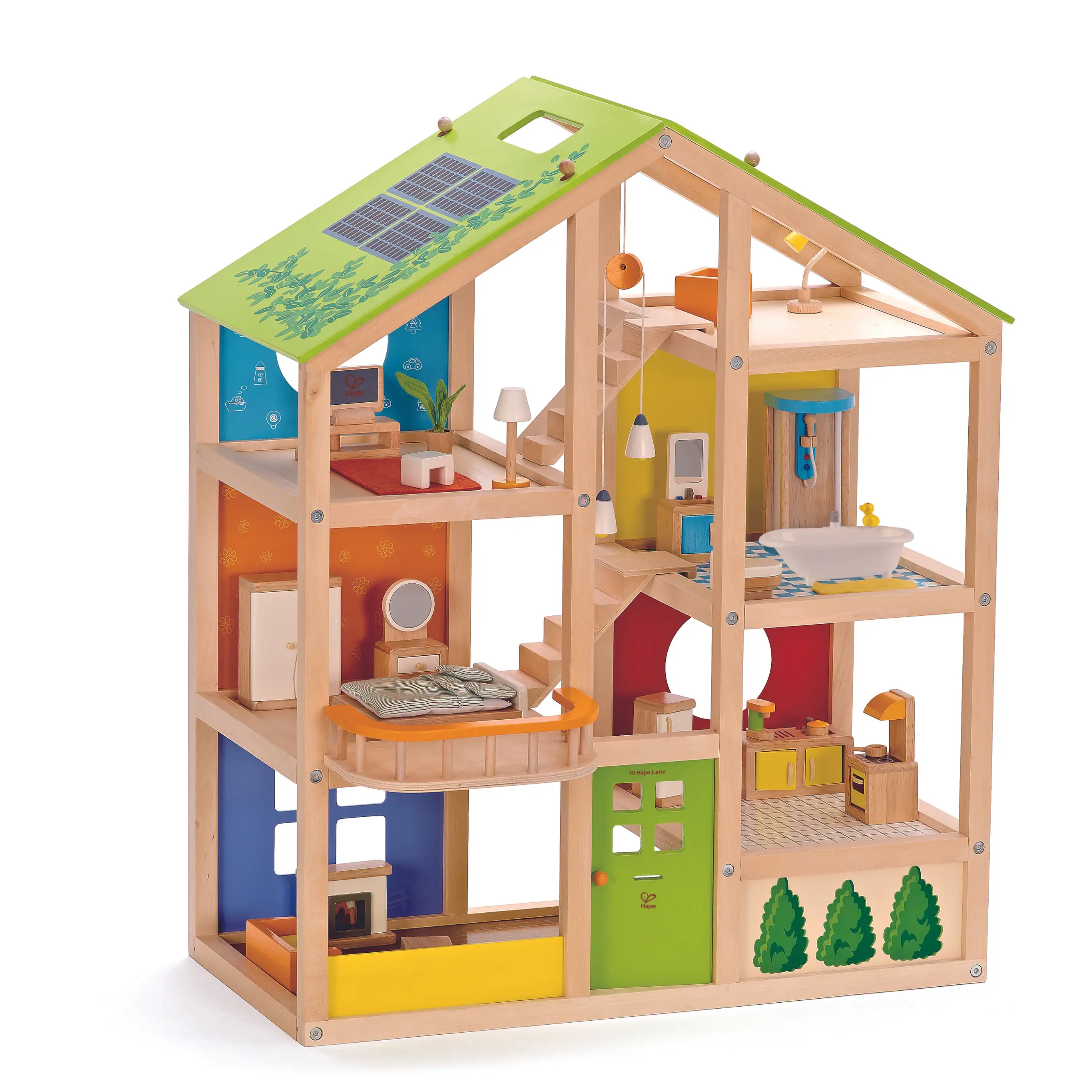 Hape Wooden Play House Role Play Set - 3-Story Doll House, 6-Room with Household Appliances, Miniature Cooking Set, Child-Safe Paint for Kids