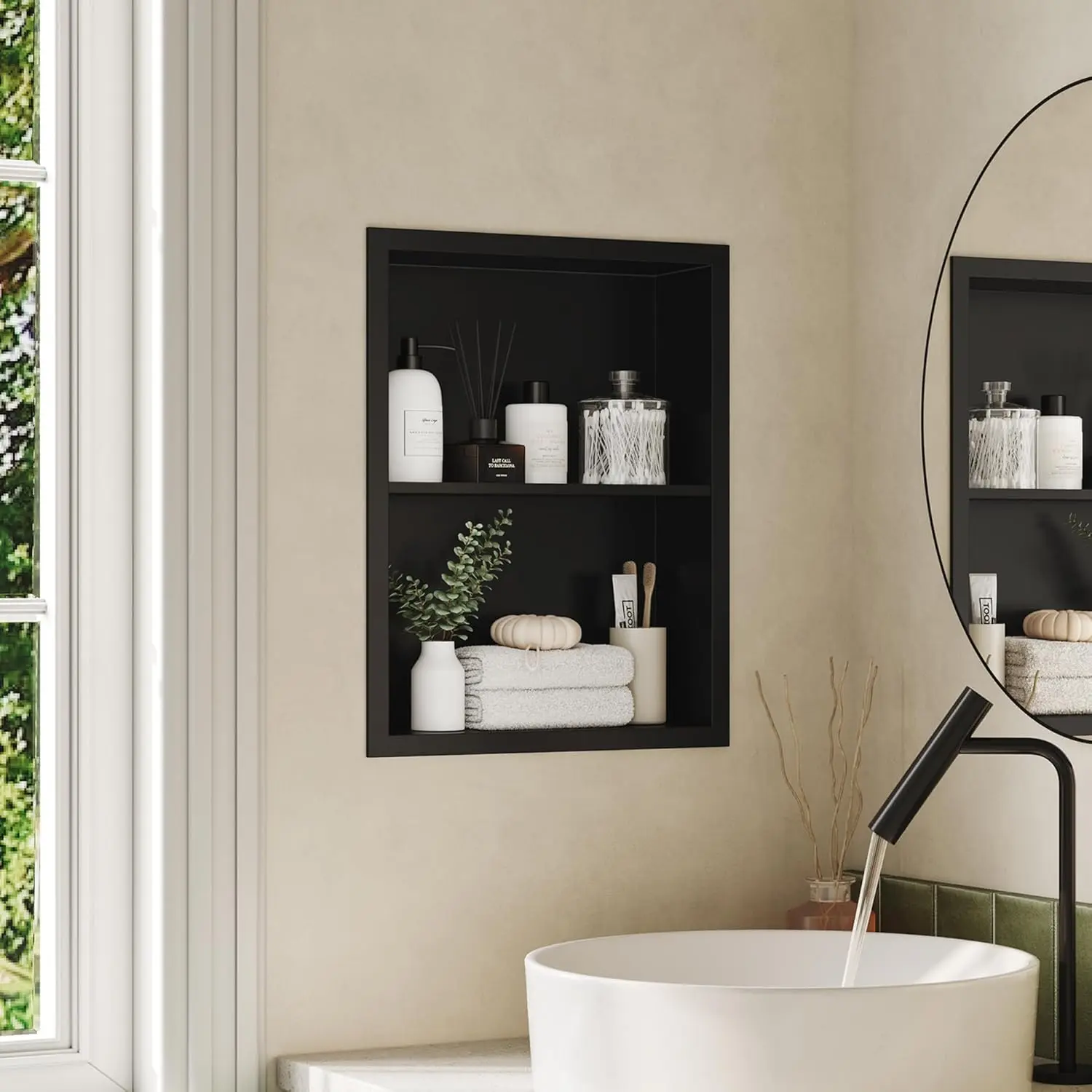 14x18  Cabinet Recessed,  Cabinet Without Mirror, 304 Stainless Steel  Wall Niche with Double Shelves, Matte Black