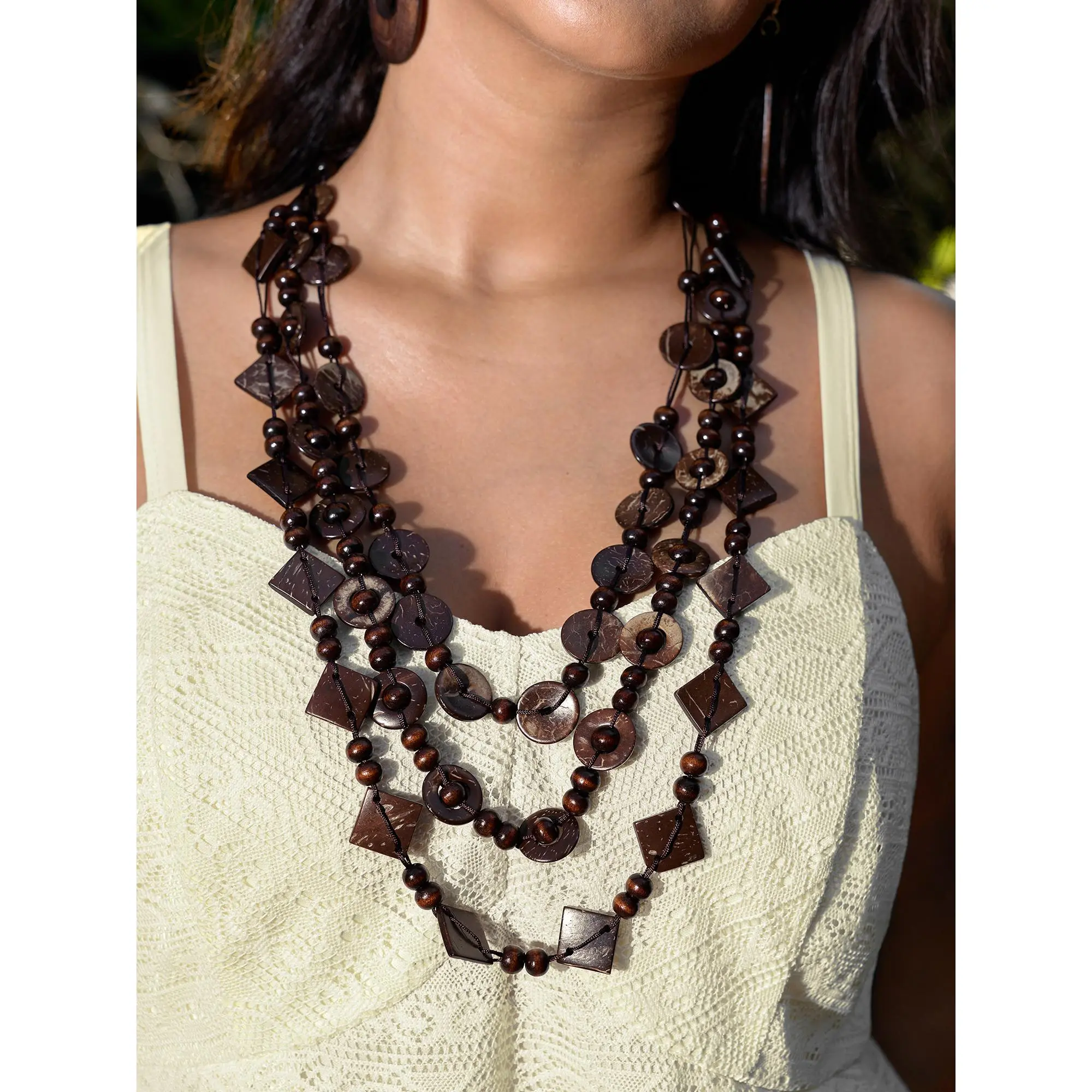 BloomChic Plus Size Multi-Layered Monochrome Bead Decorated Necklace with Woven Fabric, Lightweight Casual Summer Fashionable Accessory, Bead Decorated Necklaces