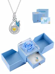 Butterfly Kiss Sunflower Glow Necklace, Cubic Zirconia Pendant, sunflower & butterfly gem necklace, non-fading clavicle chain, with surprise double-door preserved rose jewelry gift box, perfect gift for birthdays, Mother’s Day and Valentine’s Day