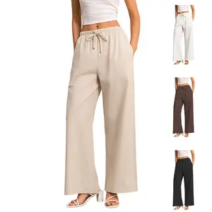 Women's Linen Pants, Casual High Waist Wide Leg Trousers, Flowy Cotton Blend Bottoms with Drawstring for Summer Vacation, Bottom, Basic