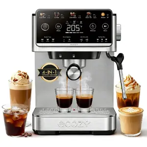 ecozy 4-in-1 Espresso Machine Countertop, 20 Bar Pump Espresso Maker with LED Touch Screen, Milk Frother, 50oz Removable Tank, Stainless Steel, Drip Coffee, Cold Brew, Over lce, Coffee Machine for Home Coffee Bar, Office, Latte, Cappuccino, Macchiato