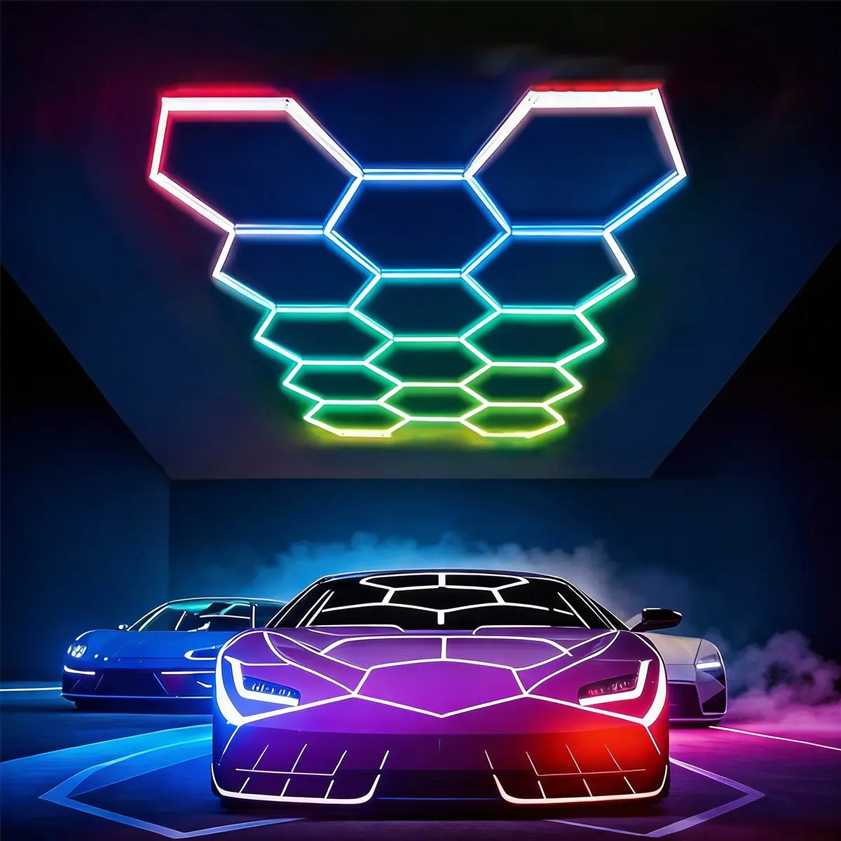 57Pack RGB Hexagon led Garage Lights,RGB 14 Hexagon Light with Multi Color,Dimmable&Speed Adjustable RGB Hex Wall Lights,DIY Design for Remote Control & Smart App Control Music Modes Rgb Lighting
