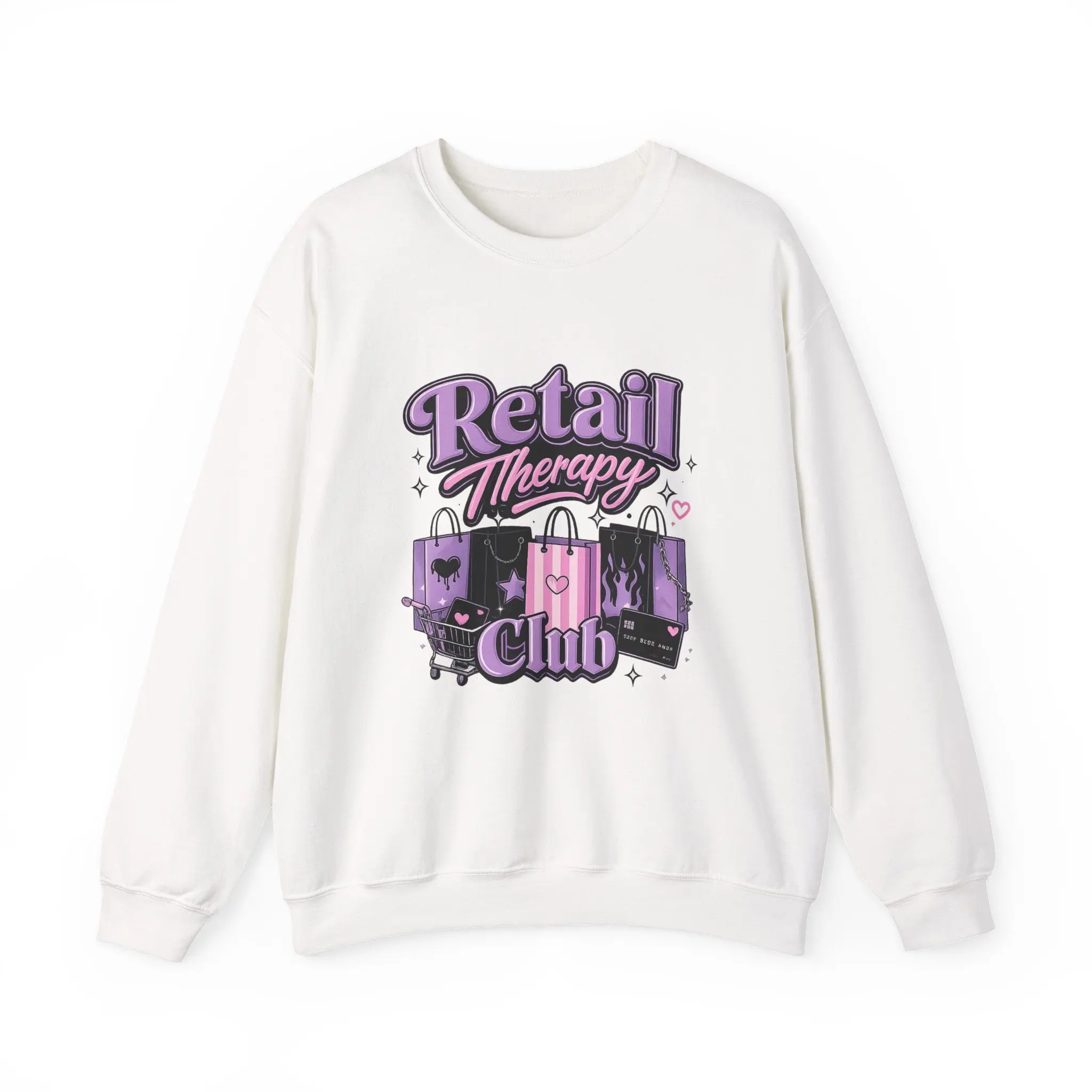 Retail Therapy Club Sweatshirt — Cute Pink & Purple Shopping Graphic Crewneck