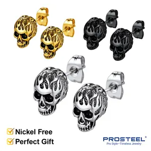 PROSTEEL Flame Skull Studs Earrings Stainless Steel Cool Gothic Earring Jewelry Unisex For Men Women with Gift Box