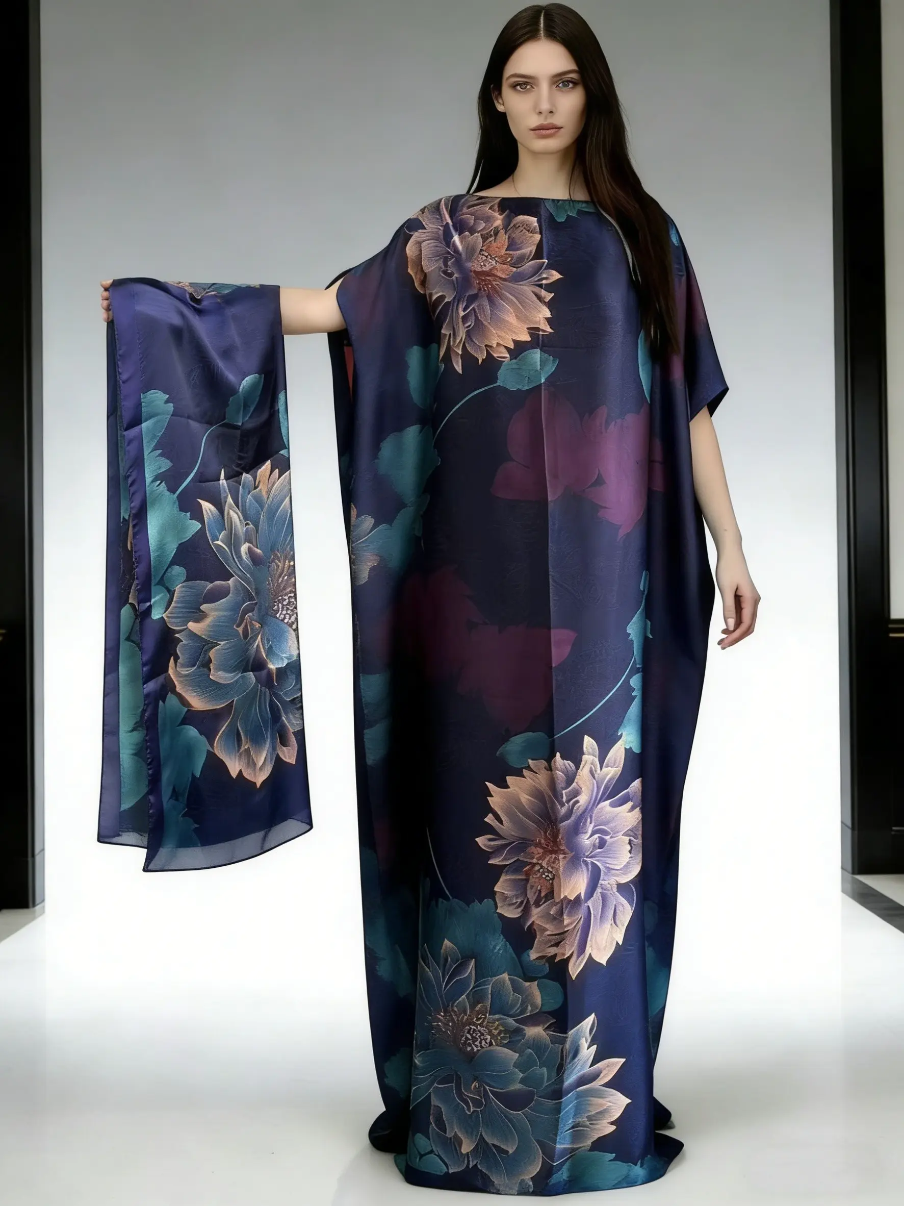 Luxury Satin Floral Print Kaftan Dress with Matching Scarf, Boho Maxi Caftan for Women, Beach Cover Up, Resort Wear Robe, Gift for Her