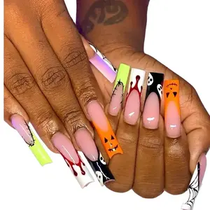 Halloween Press Ons - Pink Nails with Ghost Design and Red Glitter Accents for Halloween Theme