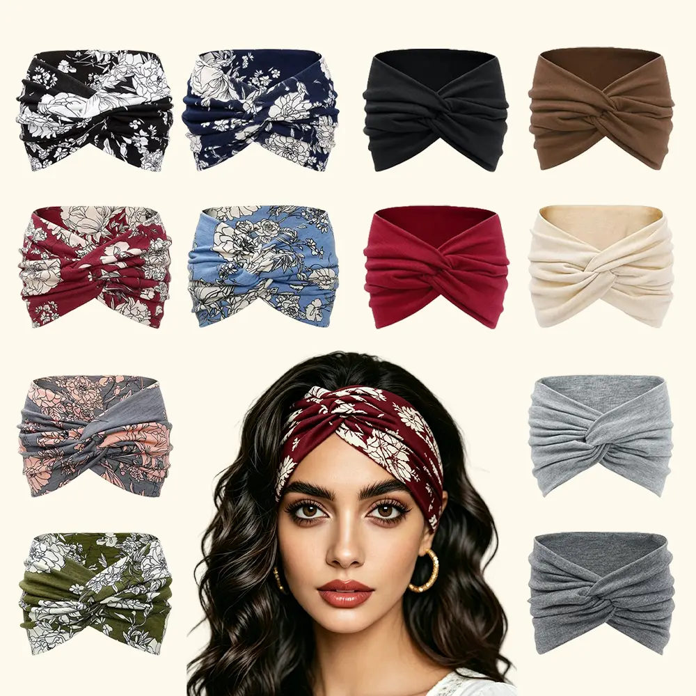CUBIDUPI Women's 12-Pack Boho Wide Bandana Headbands, Paisley Stretch Hair Wraps for Yoga, Workout & Daily Wear, Headbands For Women, Bandana Head Wrap, Paisley Print, Bandana Style