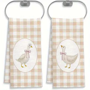 2pcs Farmhouse Goose Kitchen Towels Set Of 2 Soft Polyester Beige Gingham Checkered Design With Pink Bow Goose Nursery Hand Towels Modern Cartoon Style For Kitchen & Bathroom Decor Machine Washable Bathroom Hand Towels 23.6x15.7 Inch