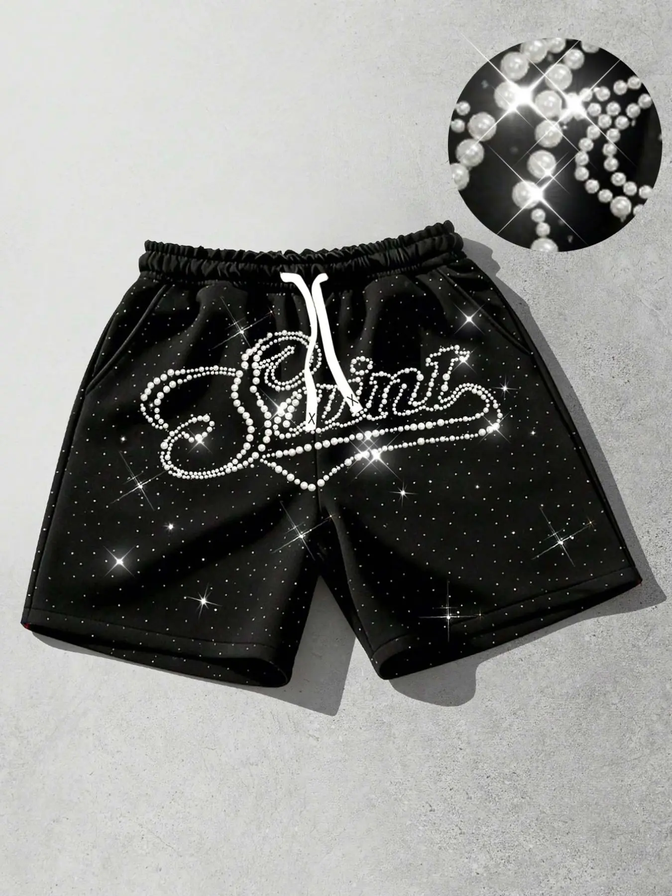 Three dimensional white nail bead shorts, fashionable unisex rhinestone shorts, men's summer casual fashion drawstring shorts, beach shorts, European and American street fashion brand hot stamping shorts, sail slogan shorts