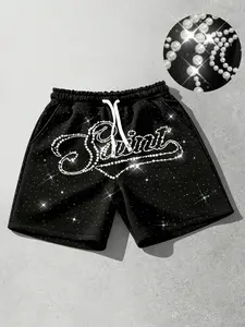 Three dimensional white nail bead shorts, fashionable unisex rhinestone shorts, men's summer casual fashion shorts, beach shorts, European and American street fashion brand hot stamping shorts, sail slogan shorts, Casual Streetwear Shorts
