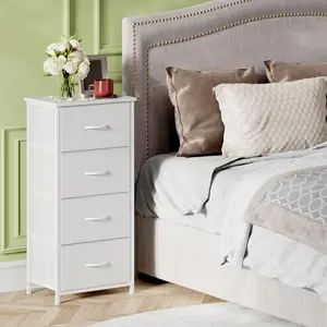 4-Drawer Storage Organizer Dresser with Wooden Top & Metal Frame, Tall Fabric Closet Chest for Bedroom, Nursery, Living Room - Easy Assembly, Stylish Furniture