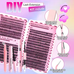 640 pieces, 30D/40D/50D, high capacity, false eyelash extension kit, DIY Eyelash Extensions, standalone cluster kit, D-curled, includes adhesive, sealant & application tools