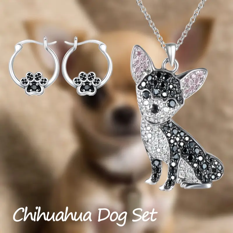 3-Piece Paw Emblem Jewelry Set, Cute Black Chihuahua Pendant Necklace & Alloy Hook Earrings, Everyday Gift for Animal Lovers, Animals, Paw Emblem Jewelry Sets, Daily, Unisex, Elegant, Party, Paw Print Jewelry Sets