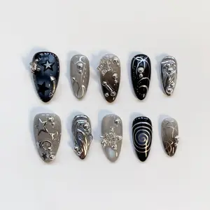 Y2K Nails/Star Nails/Silver Cat Eye Nails/Black Press on nails long almond nails/Sparkle Nails/Black Nails/Star Nails/3D Silver Chrome nail CFZ15P
