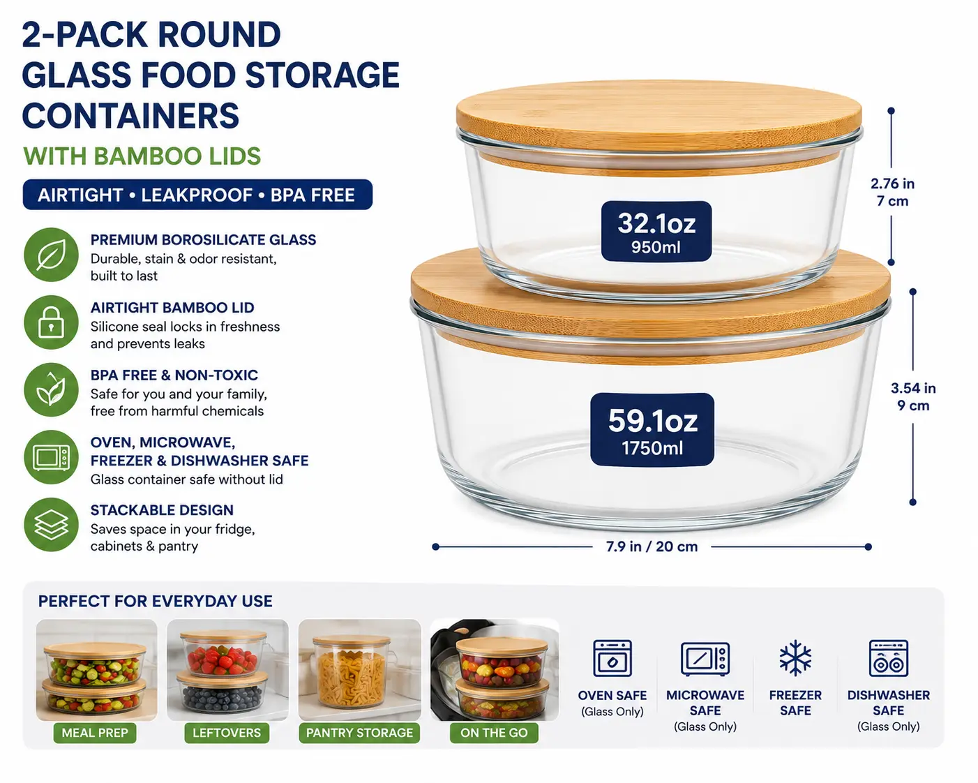 Bamboo Lid Glass Food Storage Containers, 2 Piece Round Variety Set with Lids, Assorted Sizes 35905 35906