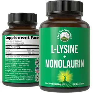 Peak Performance L Lysine 1000mg + Monolaurin 500mg Supplement for Immune Support - High Potency L-Lysine for Lips, Skin, & Health - 2-in-1 Bioavailable Supplements for Men and Women - 60 Capsules