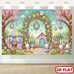 Easter Bunny & Egg House Party Banner, Durable Fabric Arch Decor, Features Chicks Bunnies Balloons Lollipops, Outdoor Garden Decoration