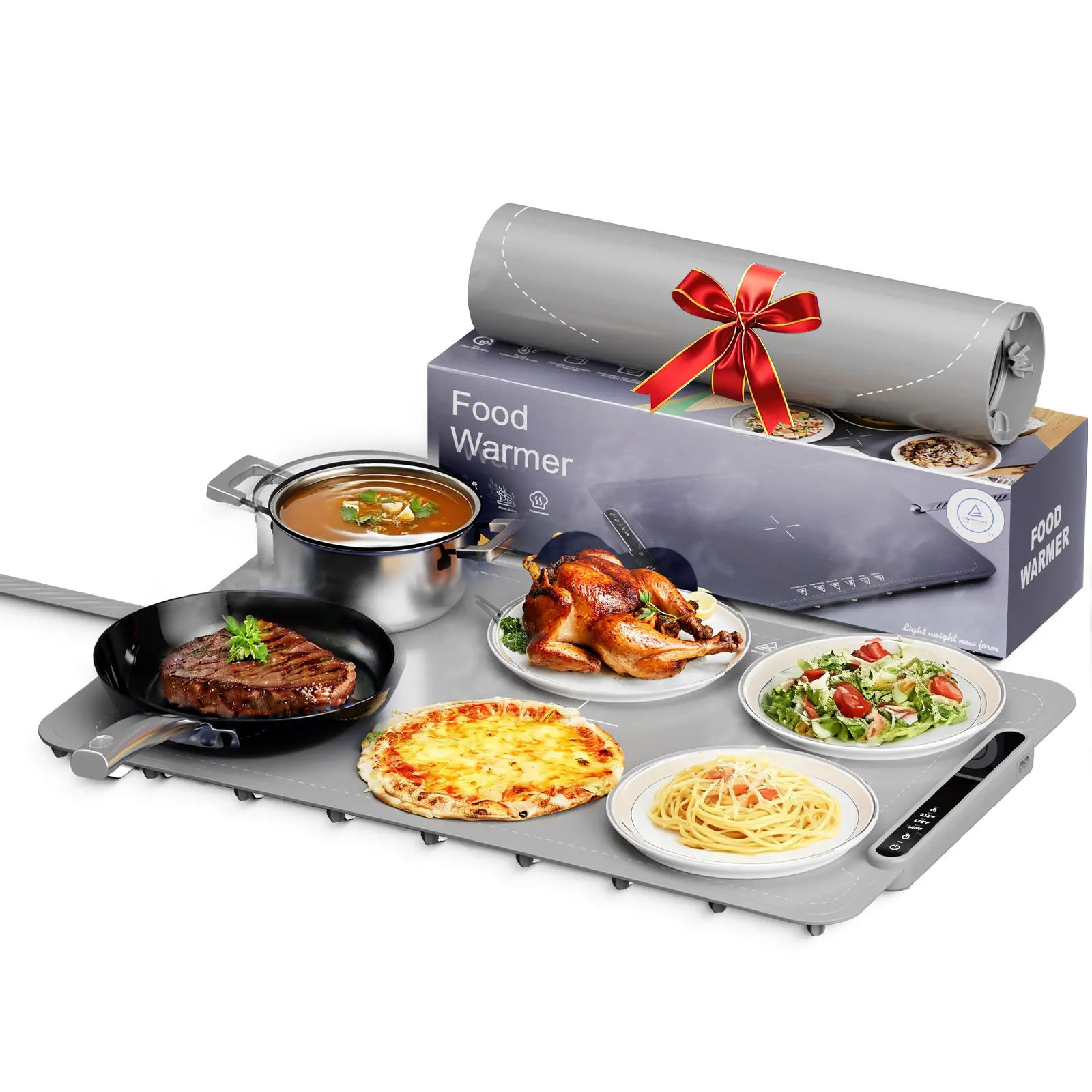 COWSAR Ultra-Thin Portable 120V Electric Food Warming Mat - Fast Full-Surface Heating, 3-Level Temp Control, Child Lock, Auto Shut-Off, Rollable Silicone Pad, Large Cap for 6 Plates, Heats Wine & Water, Family Meals