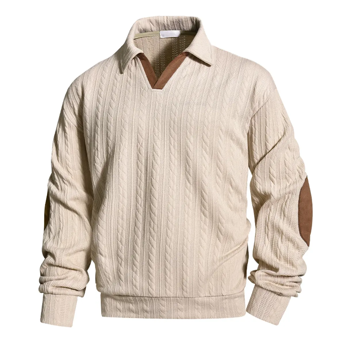 Men's Cable Knit Polo Sweater, Long Sleeve V Neck Collared Pullover with Contrast Trim, Elbow Patches and Pockets, Casual Fall Winter Top