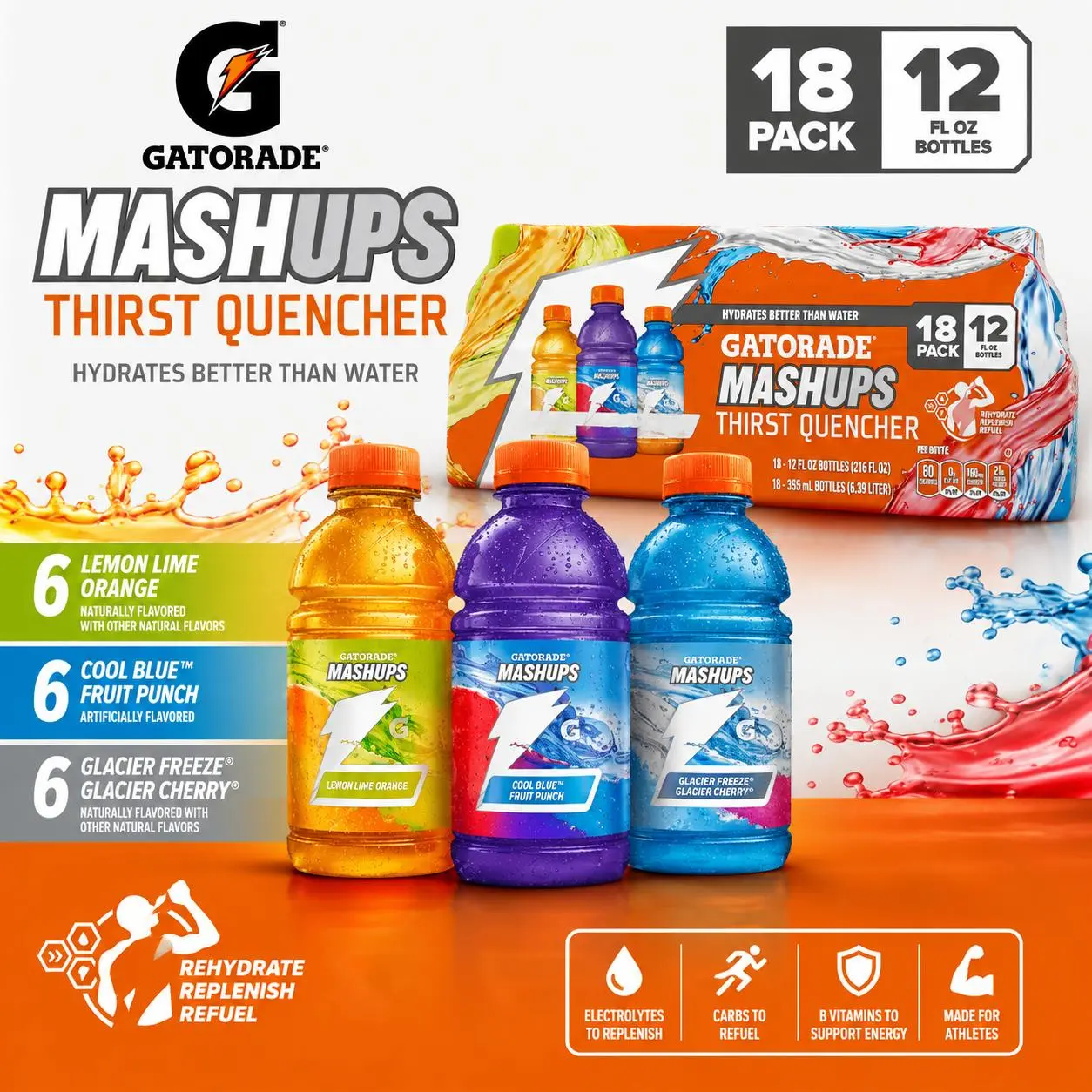 Thirst Quencher, Mashups Variety Pack, Cool Blue-Fruit Punch, Lemon-Lime-Orange, Glacier Freeze-Glacier Cherry, 12 Fl Oz (Pack of 18)