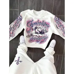 Men’s warm angel print hoodie and drawstring waist sweatpants set, casual fitted two-piece, spring and fall fashion