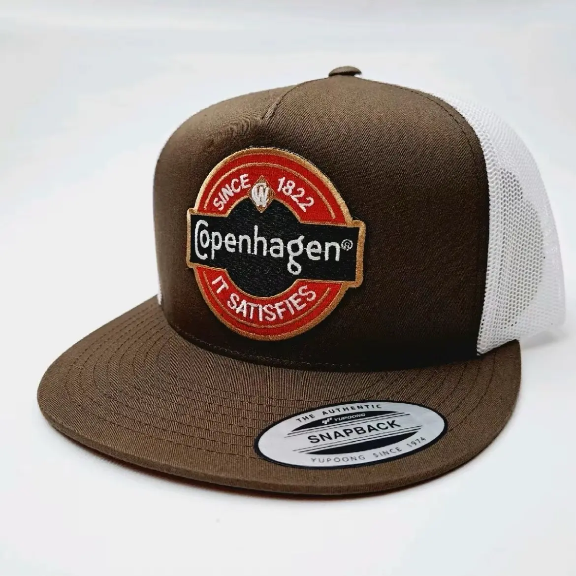 Brown & White Embroidered Patch Flat Bill Trucker Mesh Snapback Hat