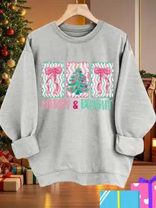 Christmas Sweet Style Round Neck Long Sleeve Sweatshirt, Bow, Tree & Geometric Print, Fitted Casual Wear, Fall Winter Comfortable Daily Clothing Tops Womenswear