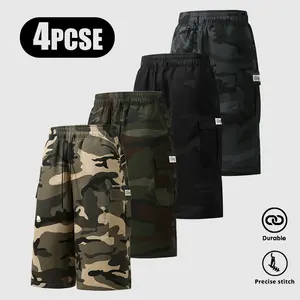 Men's Plain / Camo Print Letter Patched Drawstring Waist Cargo Shorts, Regular Fit Casual Comfortable Breathable Flap Pocket & Slant Pocket Design Shorts for Daily Wear, Men's Bottoms for All Seasons, Camouflage Shorts straight-leg pant